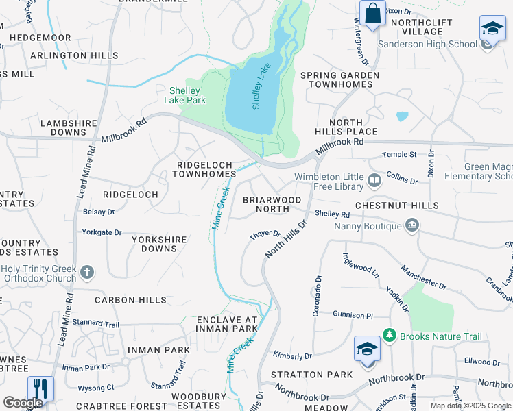 map of restaurants, bars, coffee shops, grocery stores, and more near 1529 Shadowood Ln in Raleigh