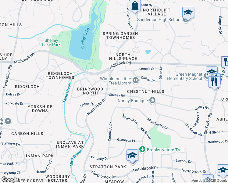 map of restaurants, bars, coffee shops, grocery stores, and more near 1317 Lennox Place in Raleigh