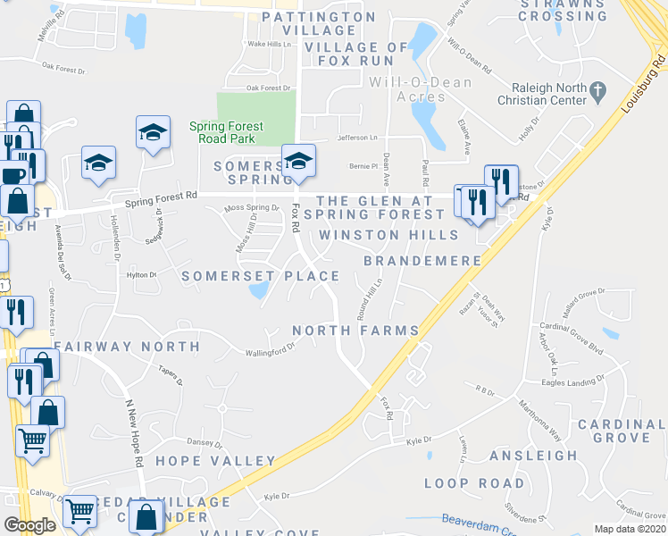 map of restaurants, bars, coffee shops, grocery stores, and more near 4713 Tolley Court in Raleigh
