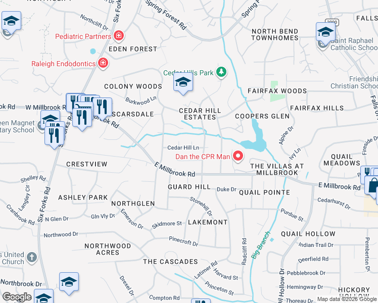 map of restaurants, bars, coffee shops, grocery stores, and more near 428 Cedar Hill Lane in Raleigh