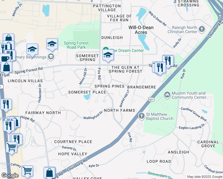 map of restaurants, bars, coffee shops, grocery stores, and more near 4713 Tolley Court in Raleigh