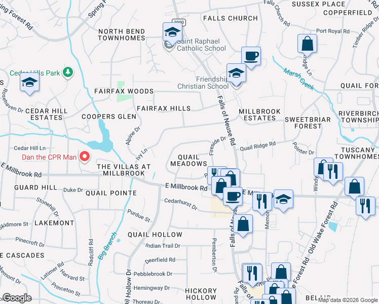 map of restaurants, bars, coffee shops, grocery stores, and more near in Raleigh