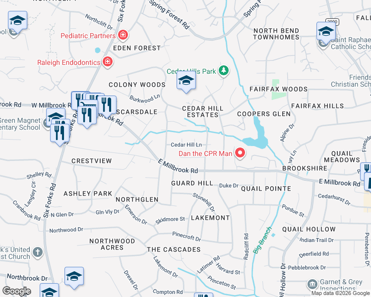 map of restaurants, bars, coffee shops, grocery stores, and more near 428 Cedar Hill Lane in Raleigh