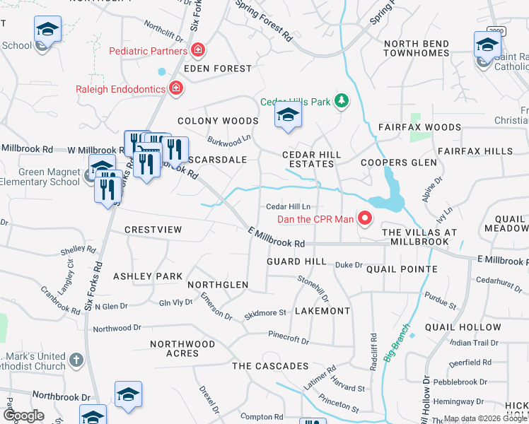 map of restaurants, bars, coffee shops, grocery stores, and more near 401 Crescent Court in Raleigh