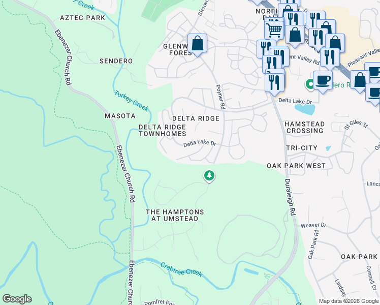 map of restaurants, bars, coffee shops, grocery stores, and more near 5441 Vista View Court in Raleigh