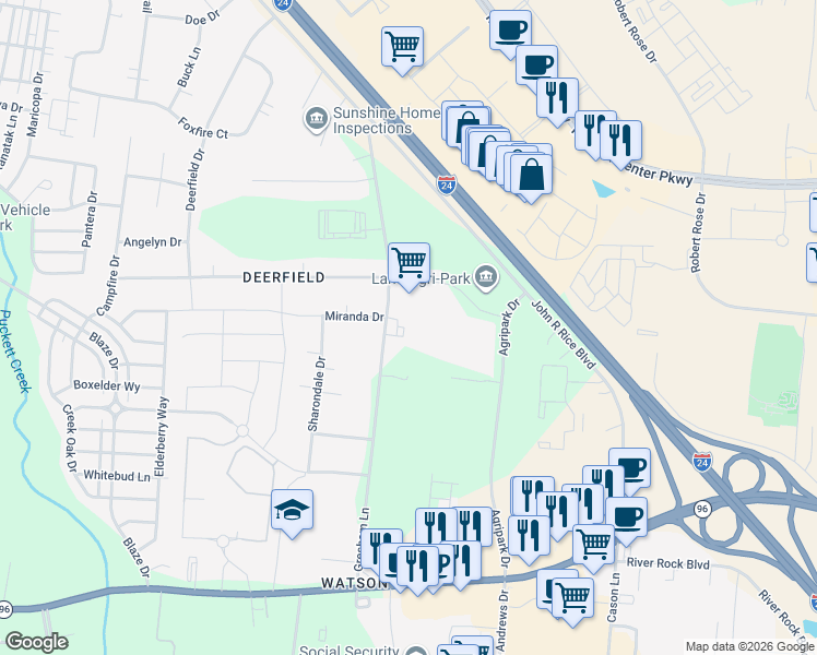 map of restaurants, bars, coffee shops, grocery stores, and more near 553 Agripark Drive in Murfreesboro