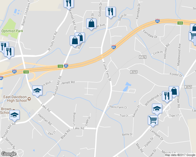 map of restaurants, bars, coffee shops, grocery stores, and more near 322 Jarrett Road in Thomasville