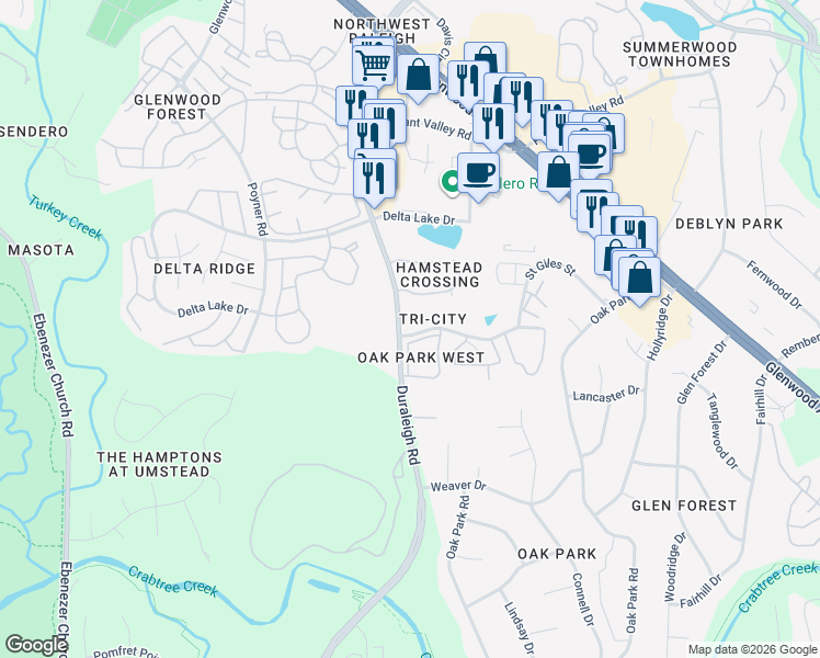 map of restaurants, bars, coffee shops, grocery stores, and more near 4134 Deep Hollow Drive in Raleigh