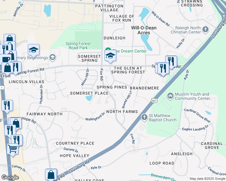 map of restaurants, bars, coffee shops, grocery stores, and more near 4717 Tolley Court in Raleigh