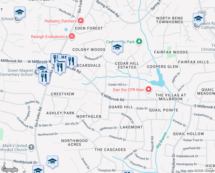 map of restaurants, bars, coffee shops, grocery stores, and more near 401 Crescent Court in Raleigh