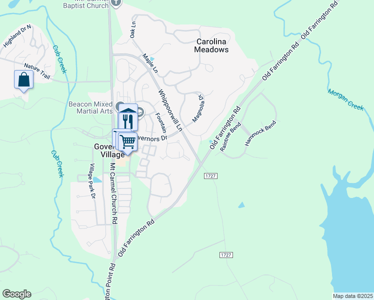 map of restaurants, bars, coffee shops, grocery stores, and more near 10044 Fountain in Chapel Hill