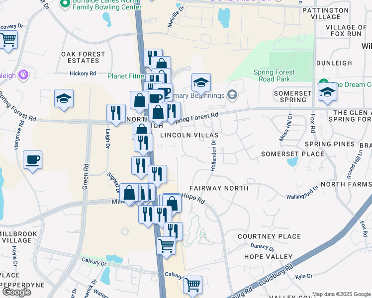 map of restaurants, bars, coffee shops, grocery stores, and more near 5008 Avenida Del Sol Drive in Raleigh