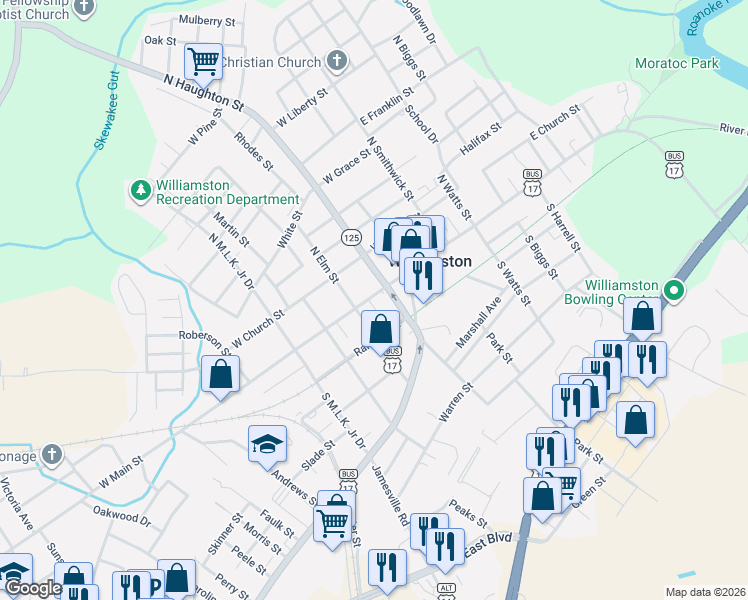 map of restaurants, bars, coffee shops, grocery stores, and more near 309 West Main Street in Williamston