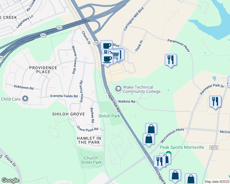 map of restaurants, bars, coffee shops, grocery stores, and more near 10908 Chapel Hill Road in Morrisville