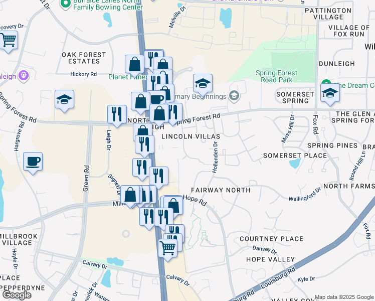 map of restaurants, bars, coffee shops, grocery stores, and more near 5008 Avenida Del Sol Drive in Raleigh