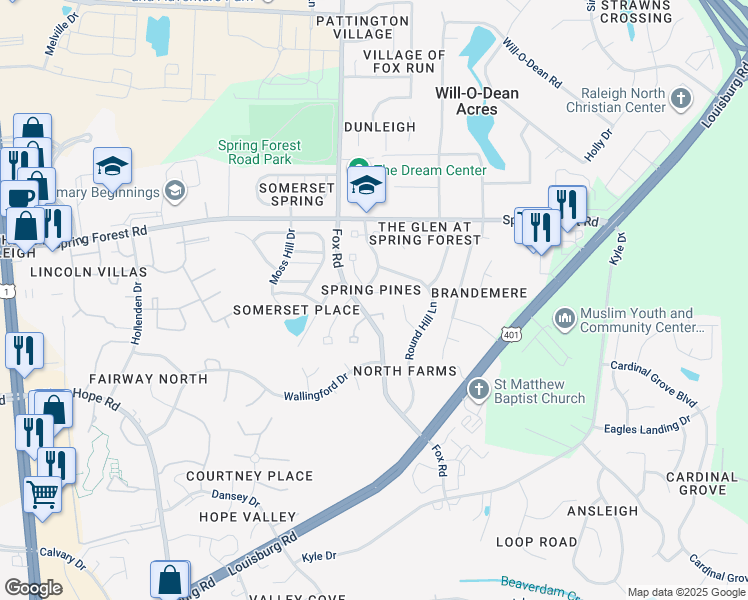 map of restaurants, bars, coffee shops, grocery stores, and more near 4717 Tolley Court in Raleigh