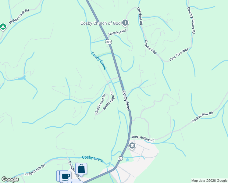 map of restaurants, bars, coffee shops, grocery stores, and more near 3068 Rivers Edge Drive in Cosby