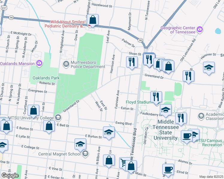 map of restaurants, bars, coffee shops, grocery stores, and more near 920 Greenland Drive in Murfreesboro