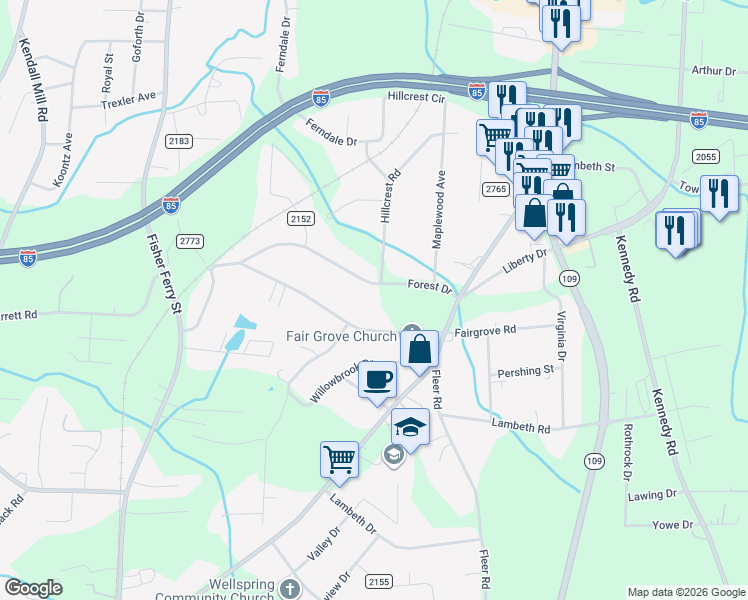 map of restaurants, bars, coffee shops, grocery stores, and more near 101 Forest Drive in Thomasville