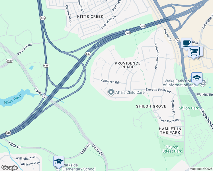 map of restaurants, bars, coffee shops, grocery stores, and more near 2037 Kirkhaven Road in Morrisville