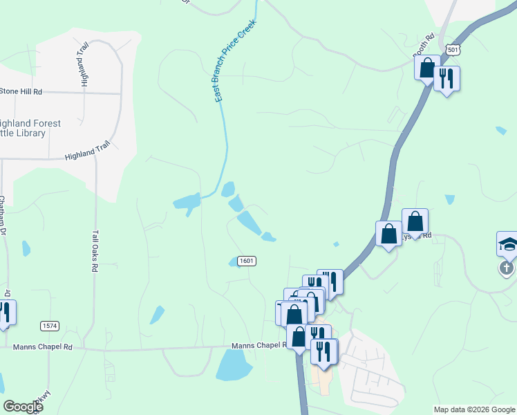 map of restaurants, bars, coffee shops, grocery stores, and more near 594 Cedar Lake Road in Chapel Hill