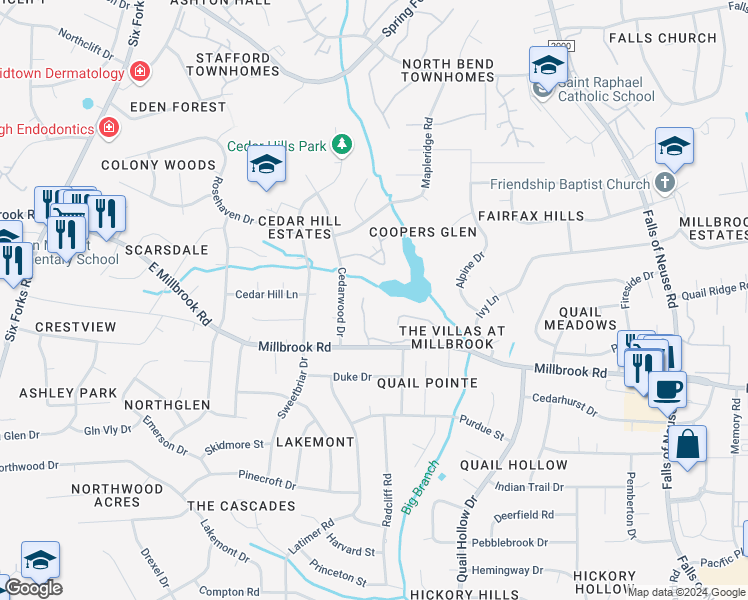map of restaurants, bars, coffee shops, grocery stores, and more near 5084 Flint Ridge Place in Raleigh