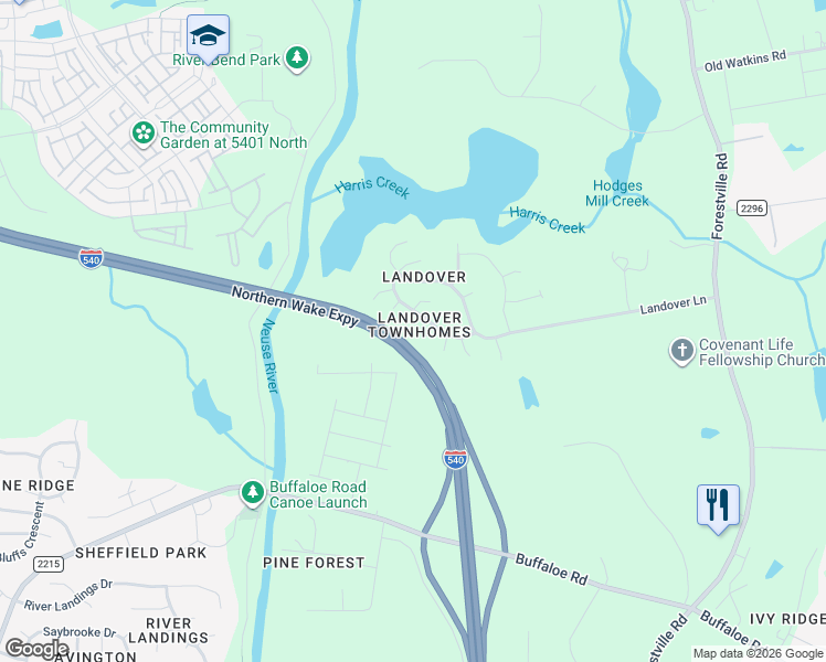map of restaurants, bars, coffee shops, grocery stores, and more near 4815 Landover Charge Lane in Raleigh