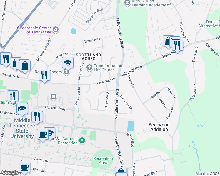 map of restaurants, bars, coffee shops, grocery stores, and more near 720 Chickasaw Road in Murfreesboro