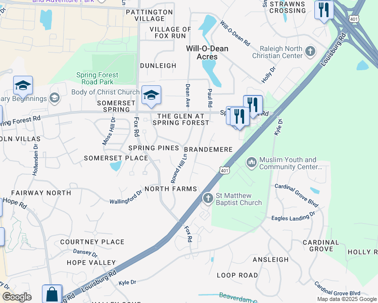map of restaurants, bars, coffee shops, grocery stores, and more near 5424 Round Hill Lane in Raleigh