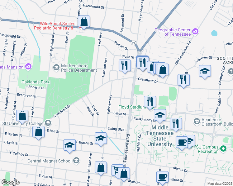 map of restaurants, bars, coffee shops, grocery stores, and more near 811 Crestland Avenue in Murfreesboro