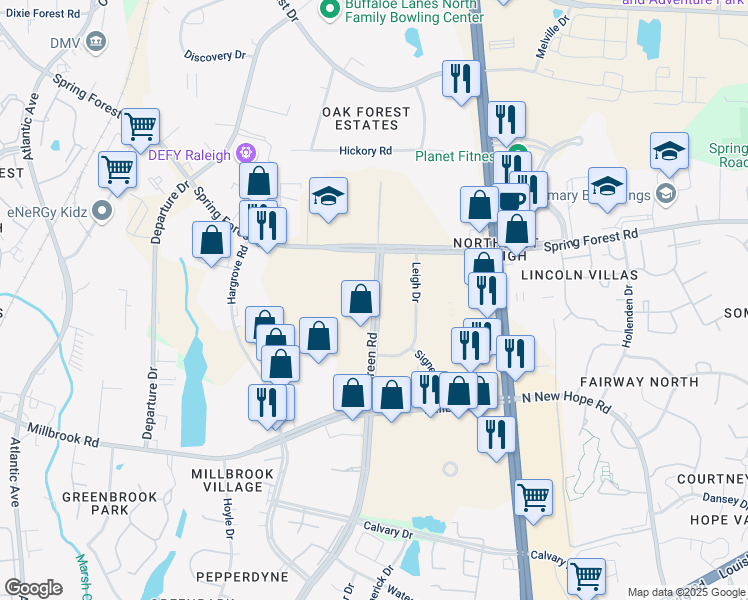 map of restaurants, bars, coffee shops, grocery stores, and more near 4949 Green Road in Raleigh