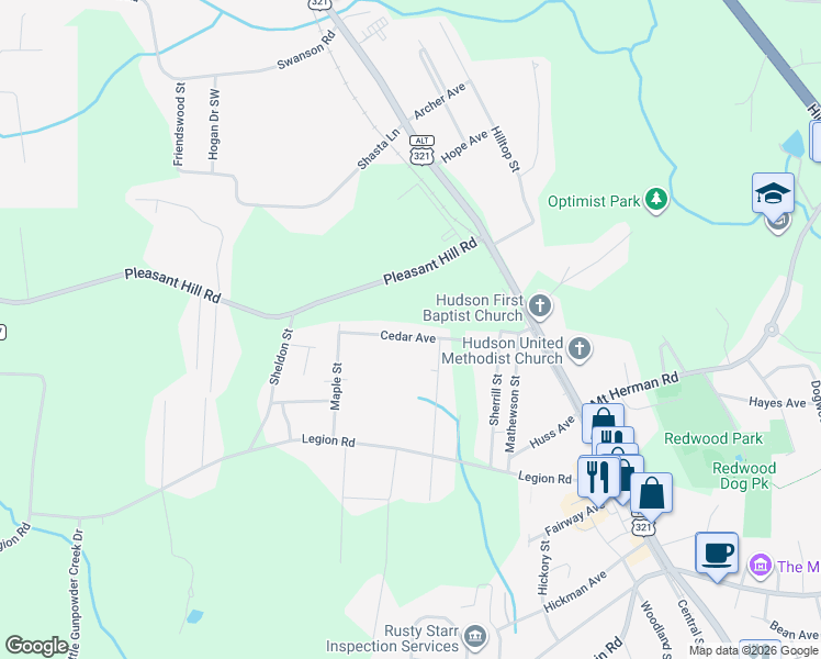 map of restaurants, bars, coffee shops, grocery stores, and more near 158 Cedar Avenue in Hudson