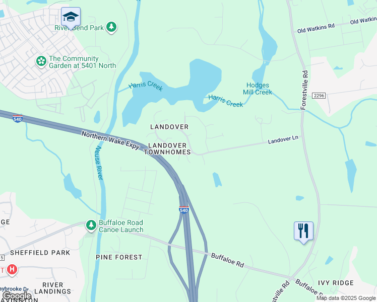 map of restaurants, bars, coffee shops, grocery stores, and more near 4058 Landover Lane in Raleigh