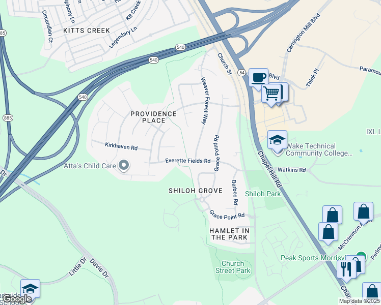 map of restaurants, bars, coffee shops, grocery stores, and more near 1901 Weaver Forest Way in Morrisville