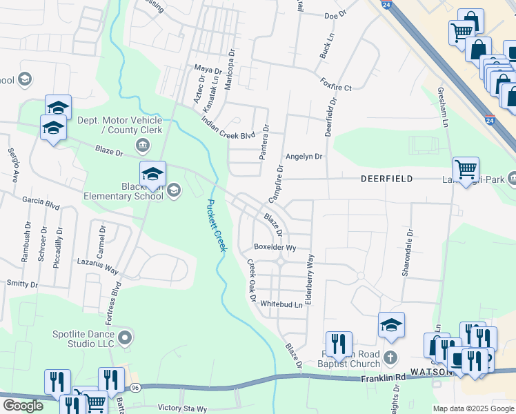 map of restaurants, bars, coffee shops, grocery stores, and more near 3705 Blaze Drive in Murfreesboro