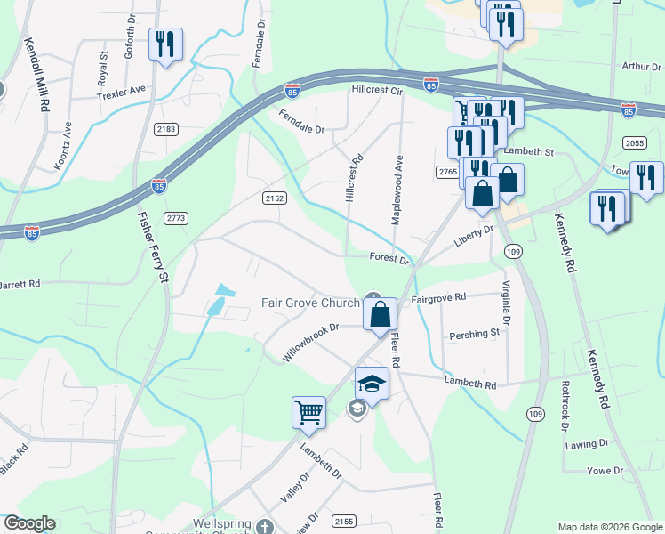 map of restaurants, bars, coffee shops, grocery stores, and more near 101 Forest Drive in Thomasville