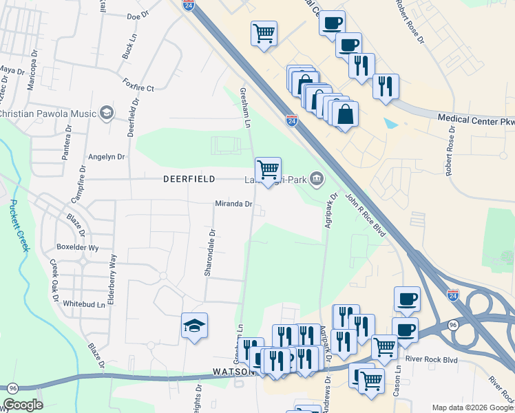 map of restaurants, bars, coffee shops, grocery stores, and more near 591 Gresham Lane in Murfreesboro