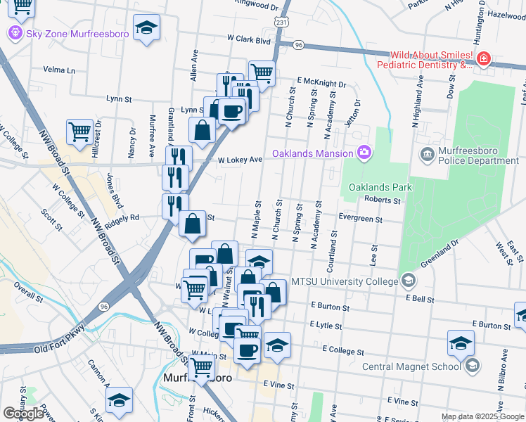 map of restaurants, bars, coffee shops, grocery stores, and more near 704 North Maple Street in Murfreesboro