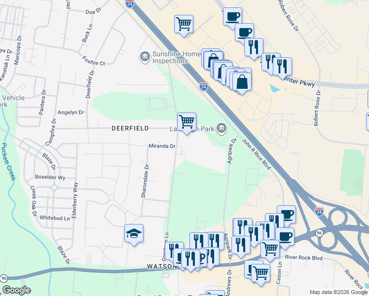 map of restaurants, bars, coffee shops, grocery stores, and more near 553 Agripark Drive in Murfreesboro