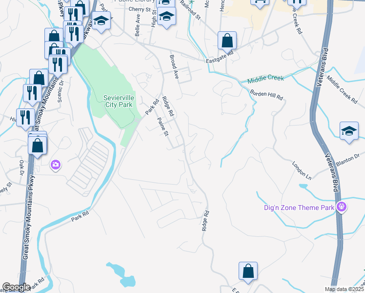 map of restaurants, bars, coffee shops, grocery stores, and more near 517 Apple Ridge Way in Sevierville