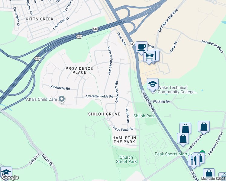 map of restaurants, bars, coffee shops, grocery stores, and more near 1917 Grace Point Road in Morrisville