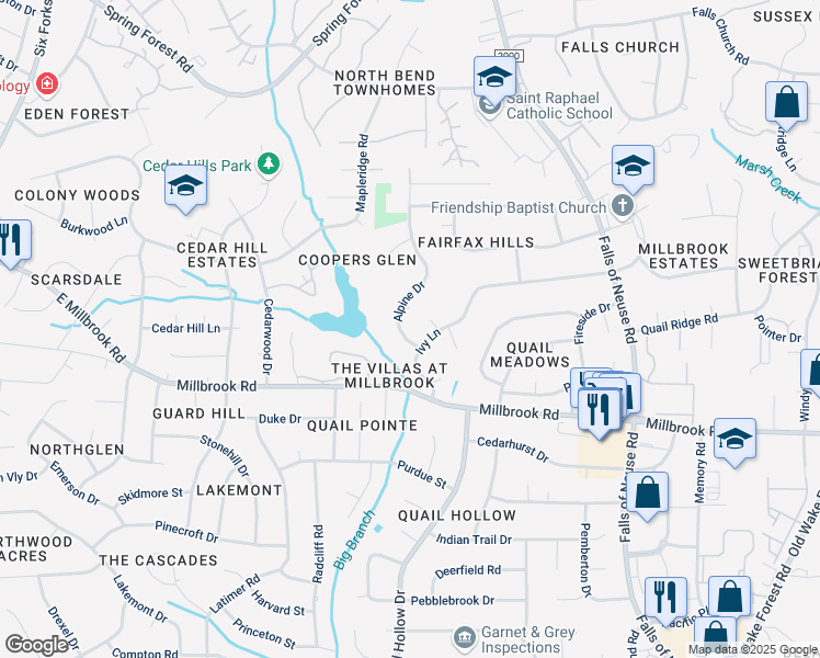map of restaurants, bars, coffee shops, grocery stores, and more near 5309 Alpine Drive in Raleigh