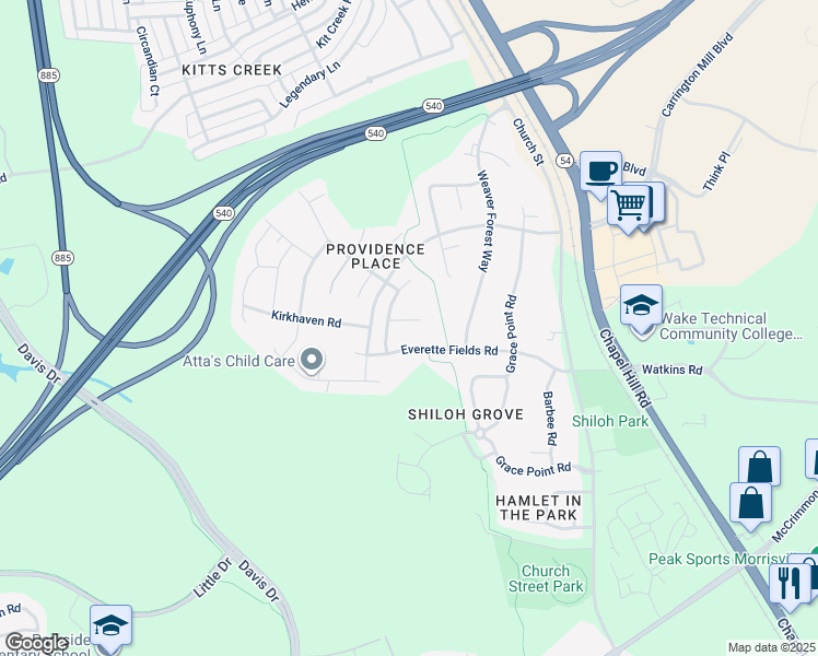 map of restaurants, bars, coffee shops, grocery stores, and more near 109 Gatewater Court in Morrisville