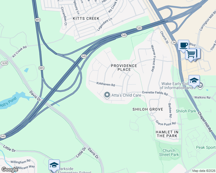 map of restaurants, bars, coffee shops, grocery stores, and more near 2037 Kirkhaven Road in Morrisville