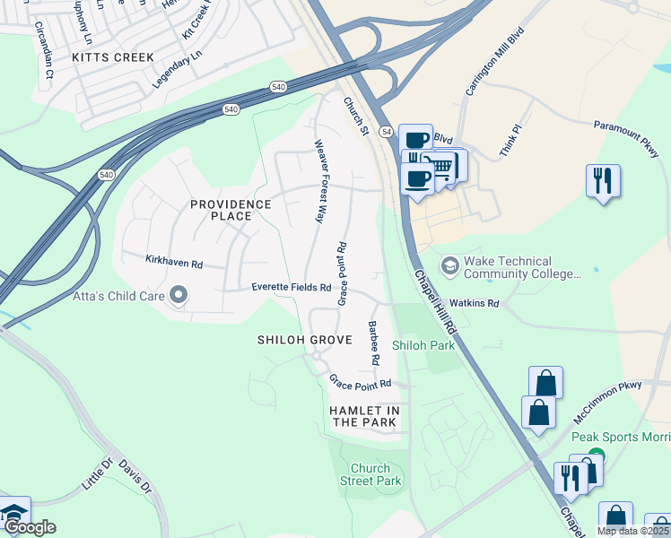 map of restaurants, bars, coffee shops, grocery stores, and more near 1917 Grace Point Road in Morrisville