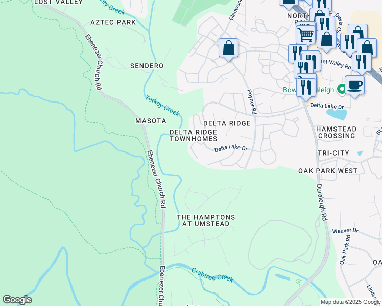 map of restaurants, bars, coffee shops, grocery stores, and more near 5454 Echo Ridge Road in Raleigh