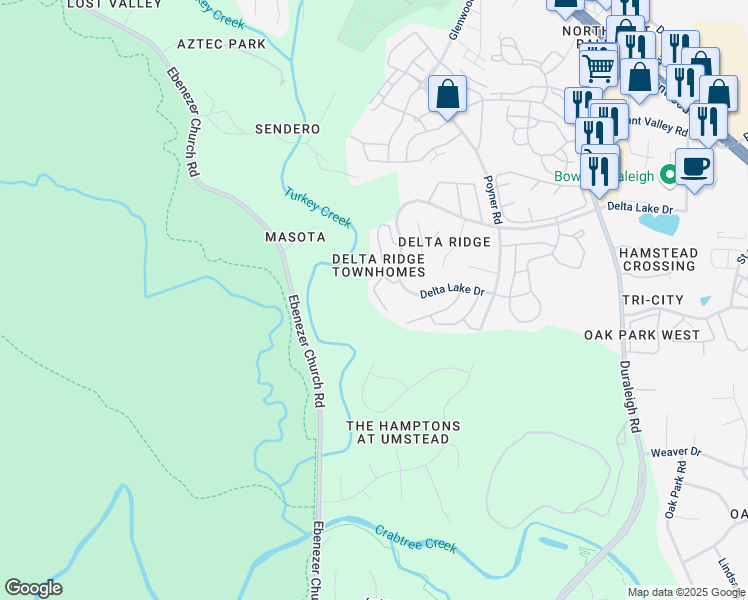 map of restaurants, bars, coffee shops, grocery stores, and more near 5422 Echo Ridge Road in Raleigh
