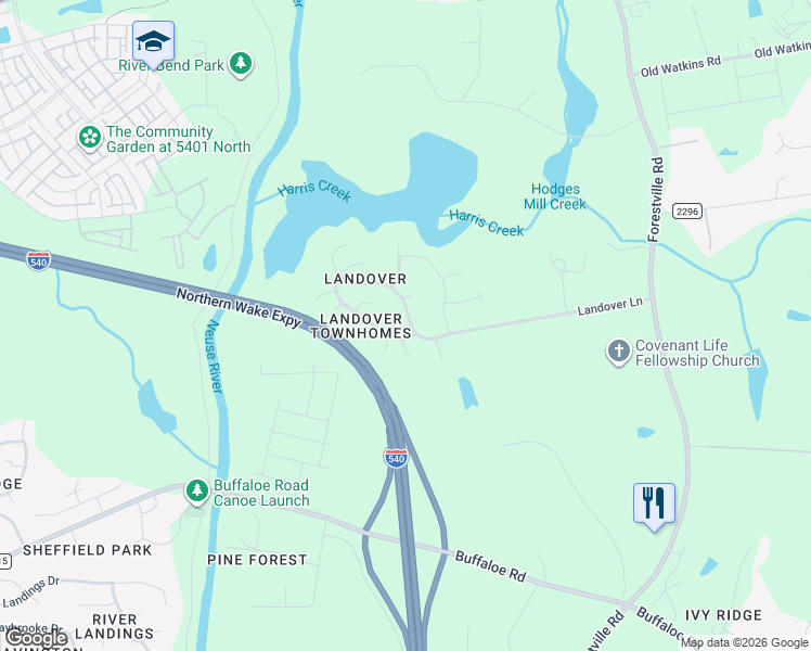 map of restaurants, bars, coffee shops, grocery stores, and more near 4066 Landover Lane in Raleigh