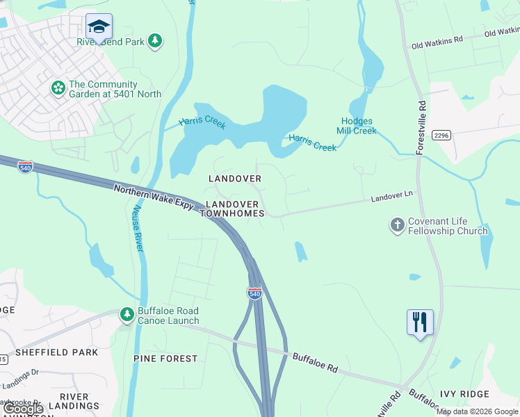 map of restaurants, bars, coffee shops, grocery stores, and more near 4066 Landover Lane in Raleigh
