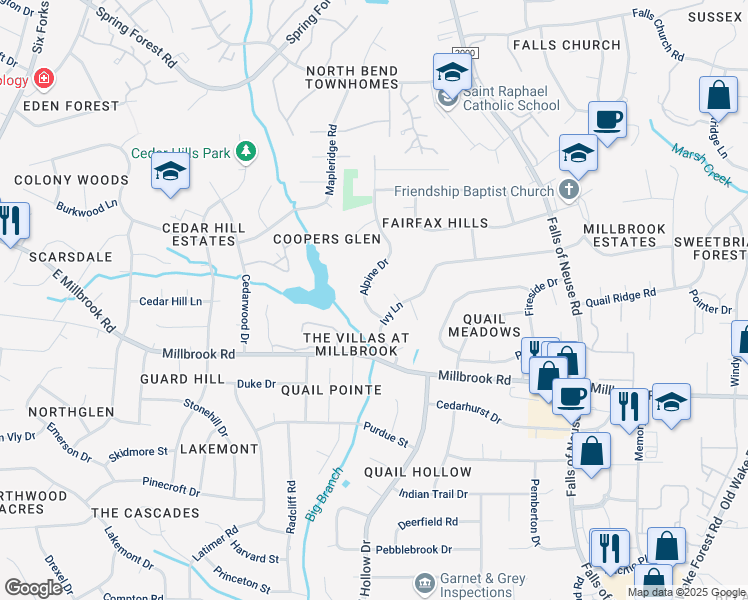 map of restaurants, bars, coffee shops, grocery stores, and more near 5309 Alpine Drive in Raleigh